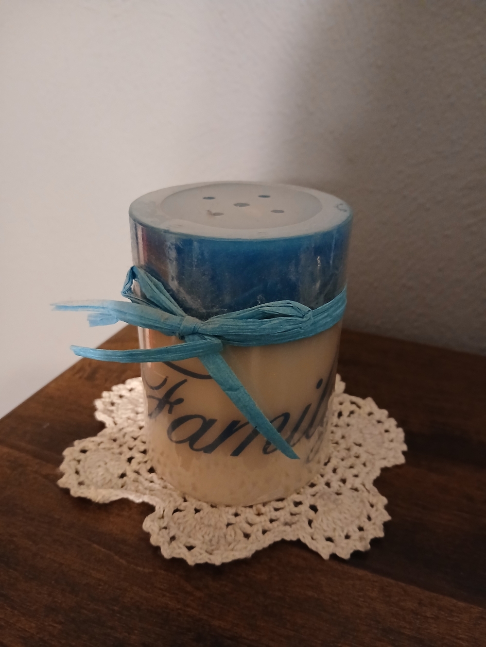 Hobby Lobby Cream Pillar Candle with Turquoise